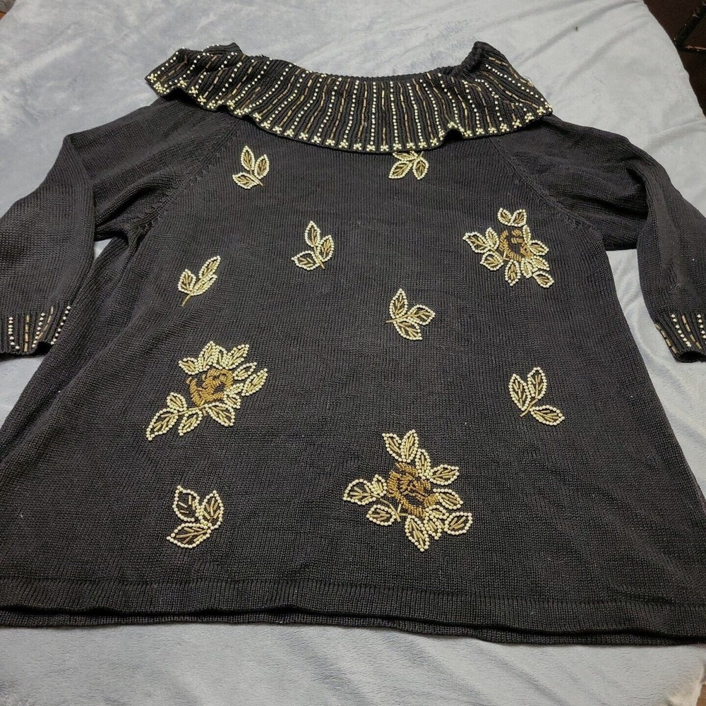Vtg BIB SML Sport Shirt Women 2X Sweater Black Bead Floral Knit Cowl Neck Blouse